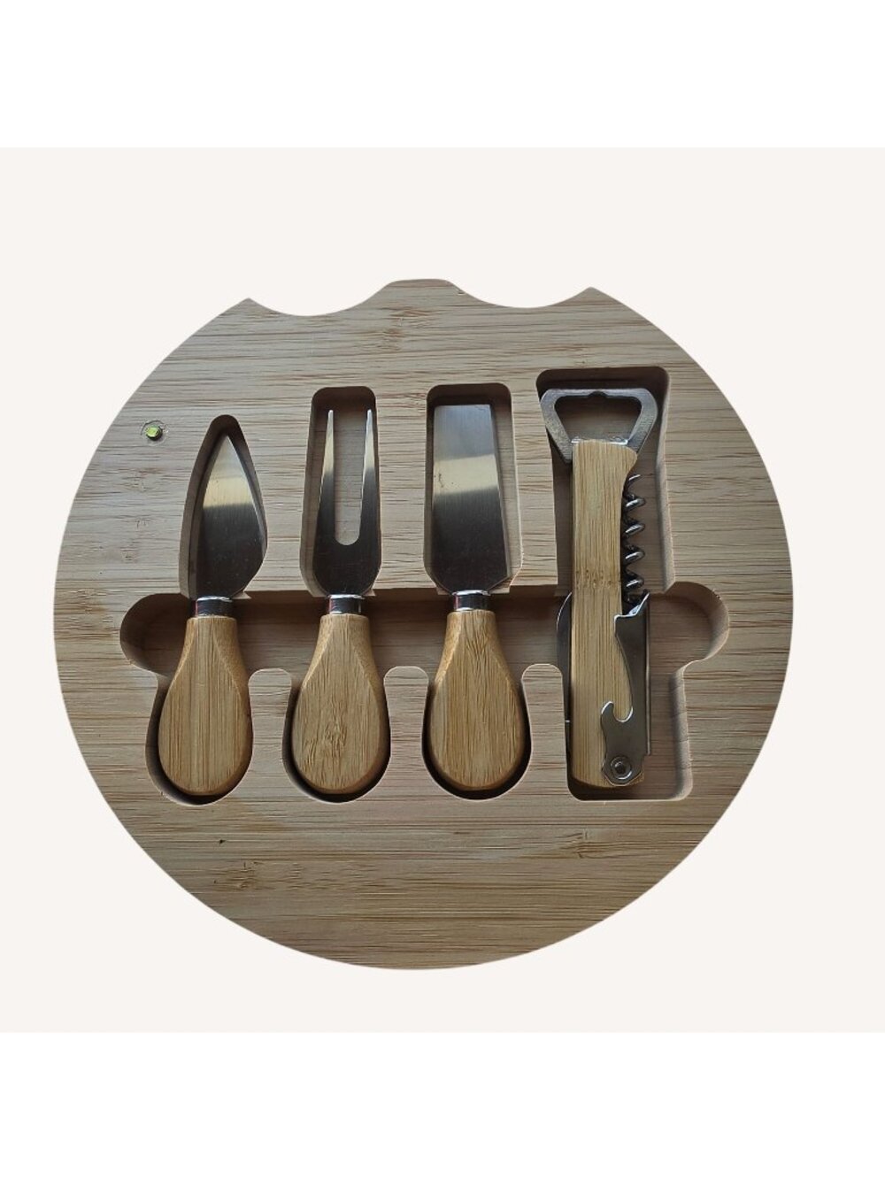 Bamboo Round Cheese Board Charcuterie Set Hidden Utensils Corkscrew 10"